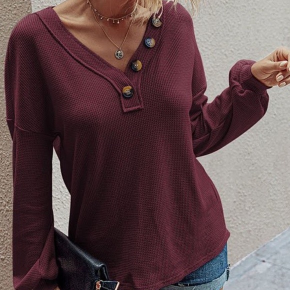 Waffle Thermal Knit V Neck Shirt Burgundy Wine - Picture 2 of 5